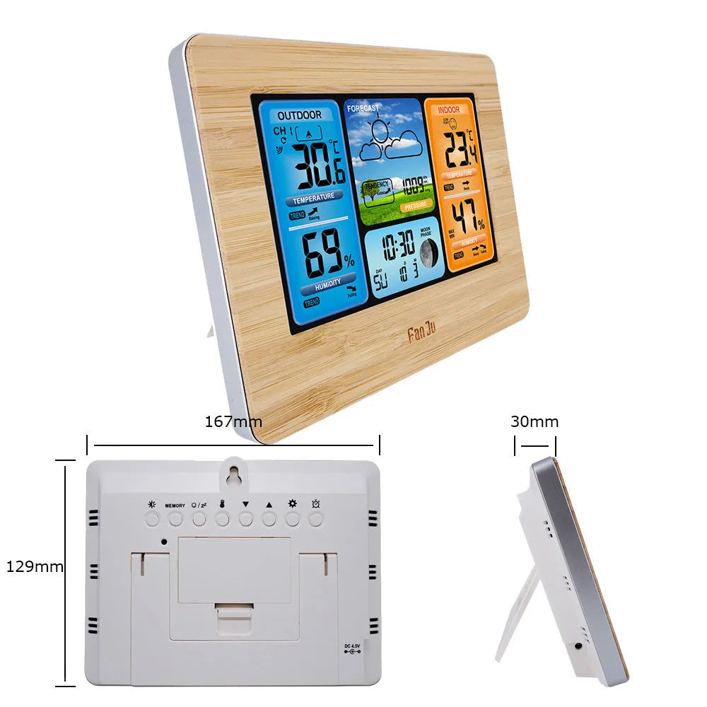 Rectangular black digital weather station clock with LCD display showing time, temperature, humidity, and forecast.