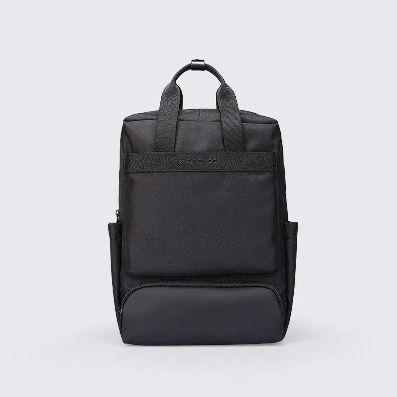 Black Oxford cloth laptop backpack showing 20-35L capacity and lightweight design.