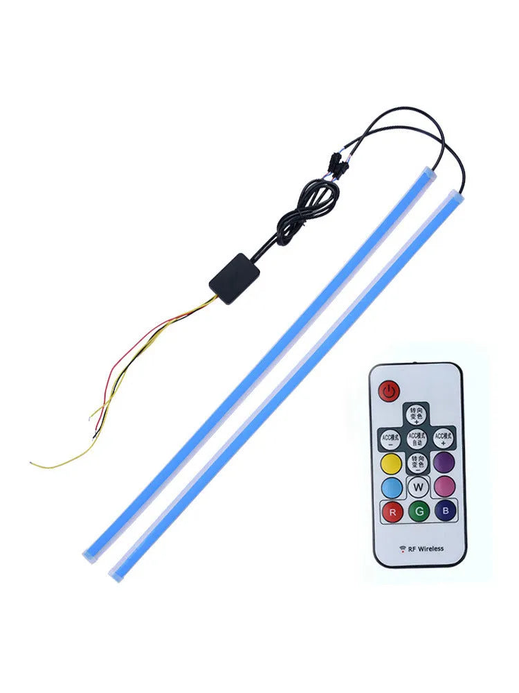 Colour-changing LED daytime running light strip with remote control for General Motors cars.