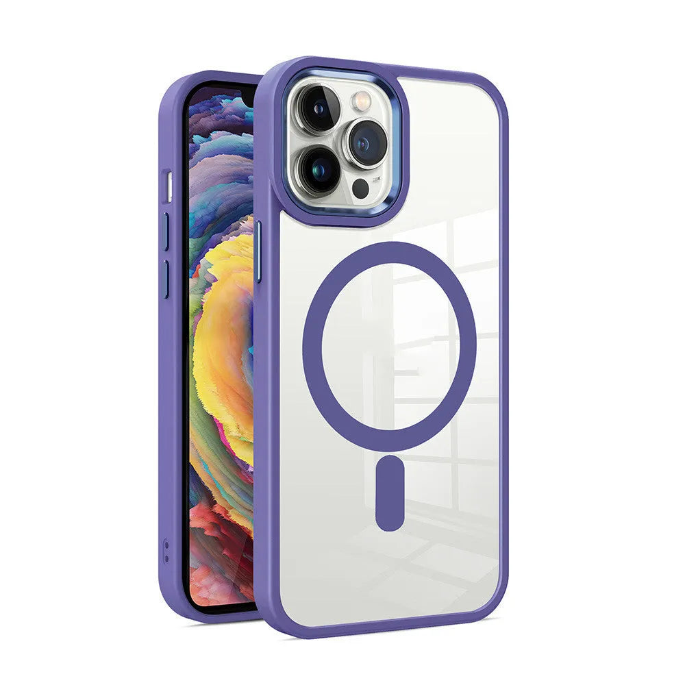 A transparent silicone magnetic phone case for iPhone, shown in a solid colour on a phone.