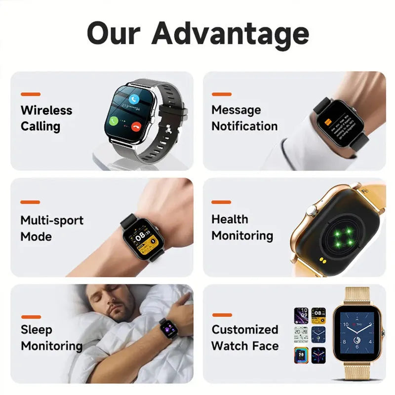 Smart watch with full touch screen and silicone strap in various colours showing Bluetooth calling and fitness tracking features