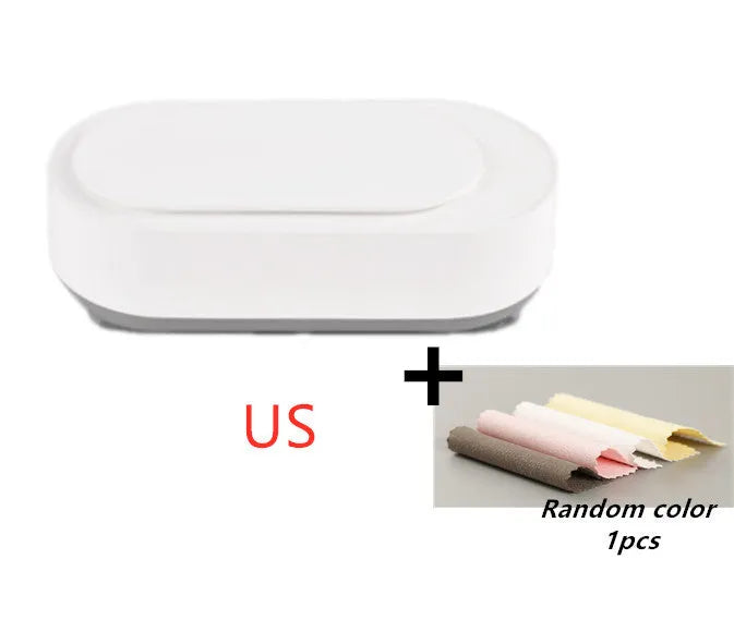 White portable ultrasonic cleaner with digital display and stainless steel cleaning tank.