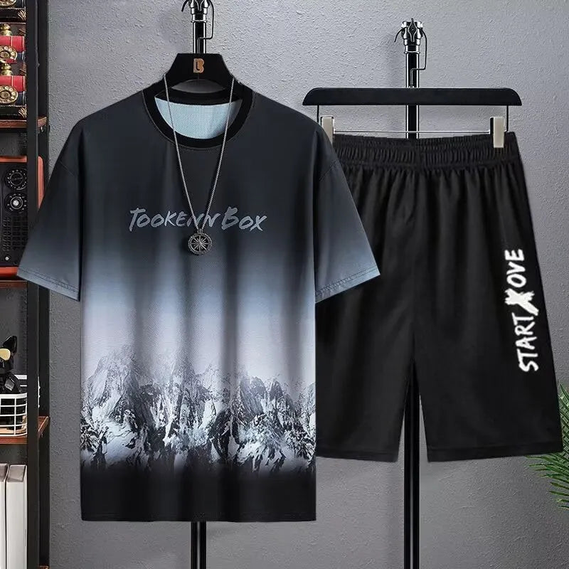 Men's summer sportswear set with short sleeve t-shirt and matching shorts