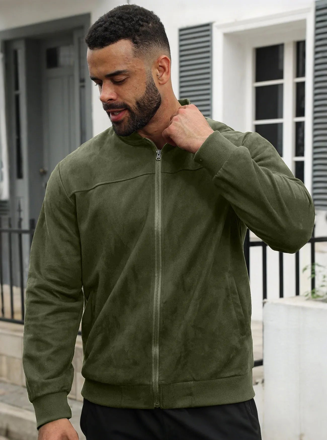 Men's suede flight jacket solid colour with round hem and long sleeves