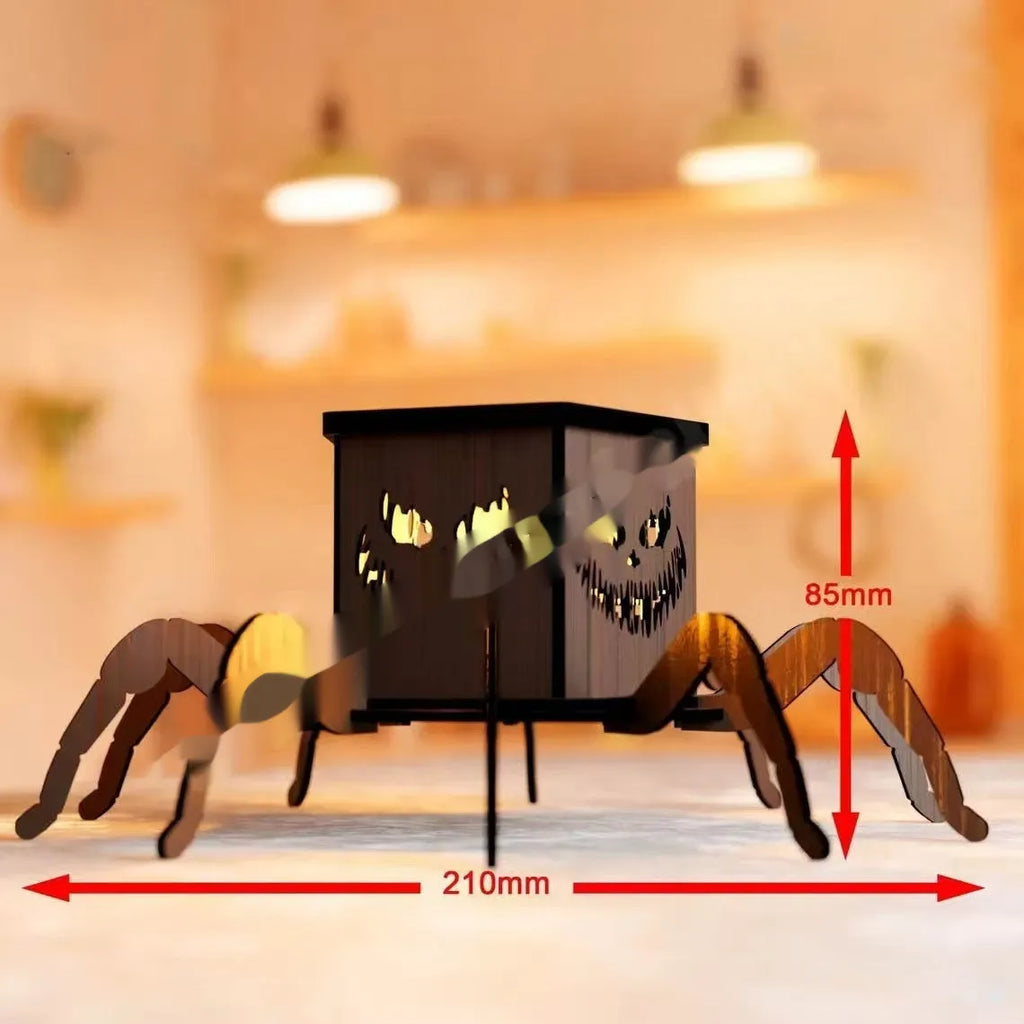 Wooden spider silhouette lantern candlestick Halloween decoration measuring 21cm by 8.5cm