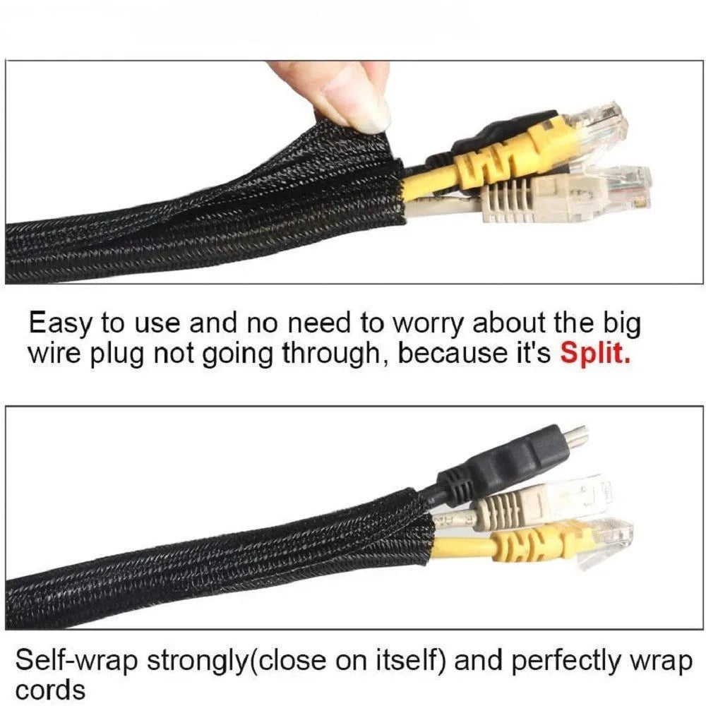 Black self-winding mesh automotive wire protective sleeve showing VW-1 fire rating and temperature range specifications.