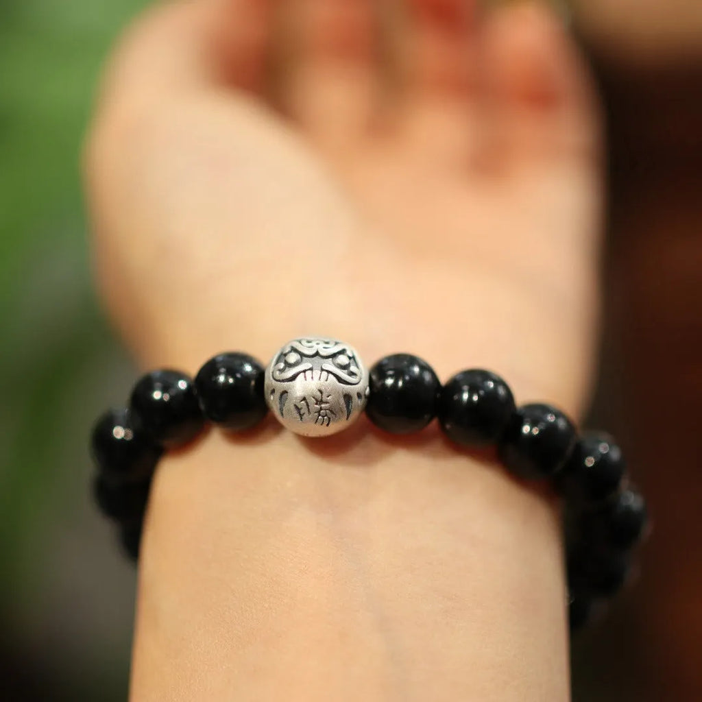 Black agate and sterling silver bracelet with 10mm beads and Chinese style clasp