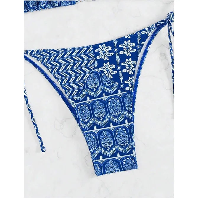 Women's green split bikini bandage swimsuit with side stitching and adjustable straps