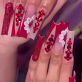 Sweet flowers pattern removable fake nails with prismatic red diamonds in European square long shape