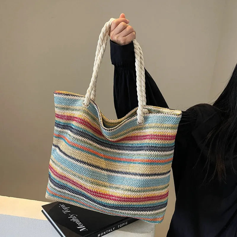 Blue woven nylon single-shoulder bag with straw-inspired texture pattern