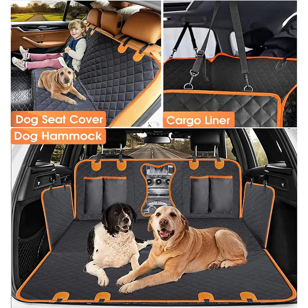 Black and orange waterproof dog car seat cover shown converted into a hammock on a rear car seat.