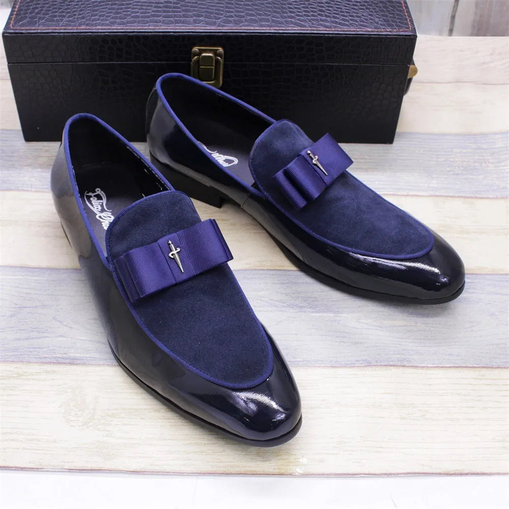 Men's low top formal shoes with glossy patent leather, matte cowhide, tassel detail and rubber sole in black, blue, brown or red.