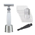 Men's copper manual shaving razor with olive wood handle and metal shaver holder