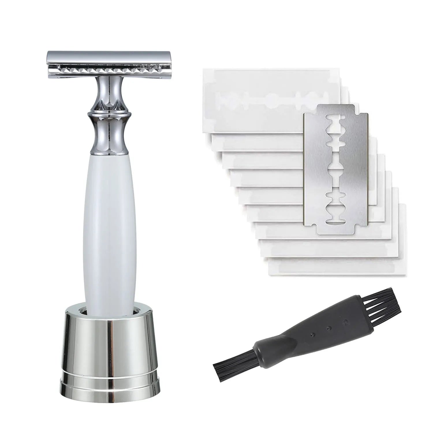 Men's copper manual shaving razor with olive wood handle and metal shaver holder