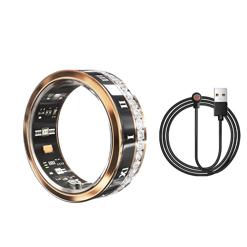 Gold and silver smart rings with diamond inlay for blood oxygen monitoring on a finger.