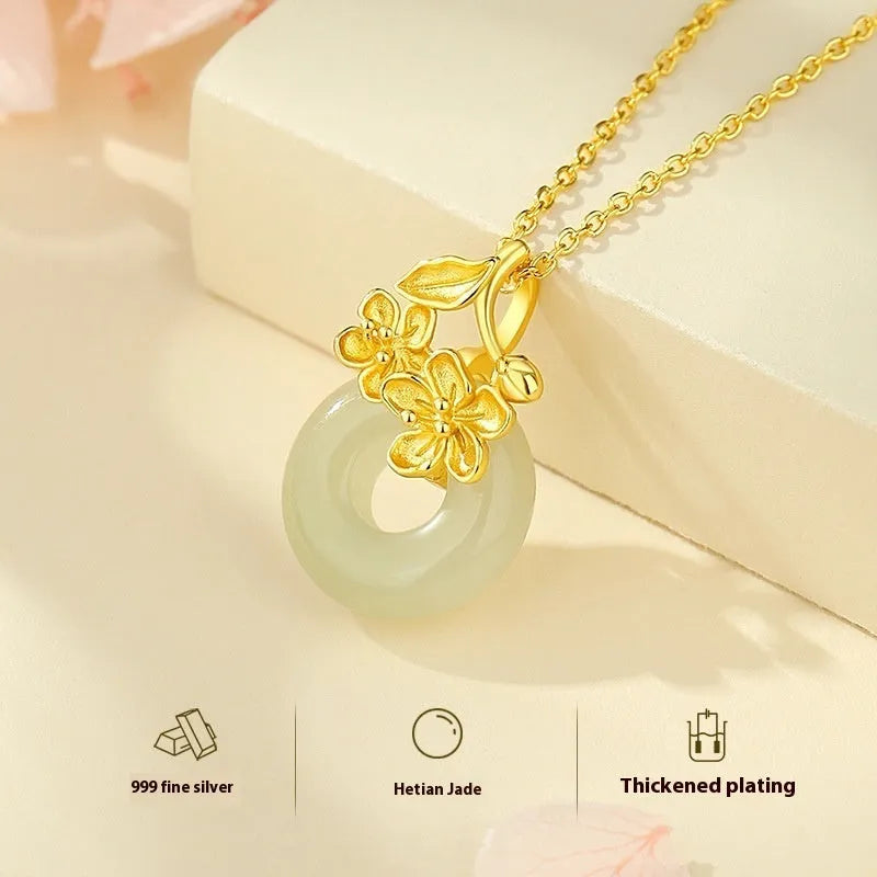 Natural Hetian jade safety buckle pendant with silver frame on adjustable cross chain, white gold electroplated finish