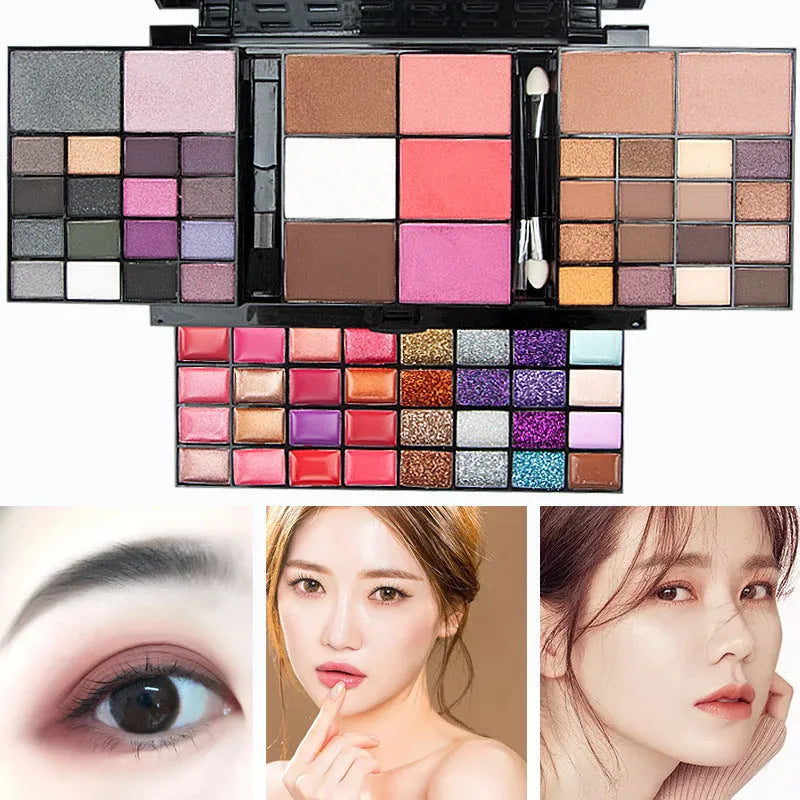 74 colour makeup palette open showing eyeshadows, lip glosses, and face powders with brushes