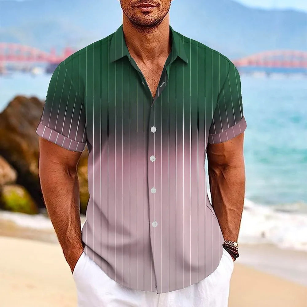 Lapel Button Short-sleeved Shirt Summer Men's Gradient Striped Print Beach Shirt Casual Leisure Cardigan Top Polyester Fabric S-6XL,