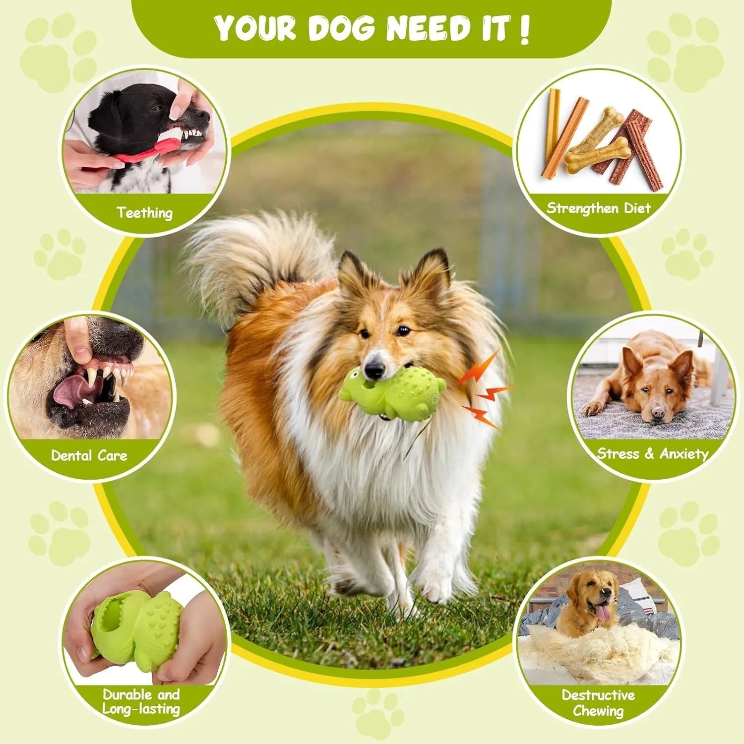 Green and yellow natural rubber chew toy for large breed aggressive dogs on a wooden floor.