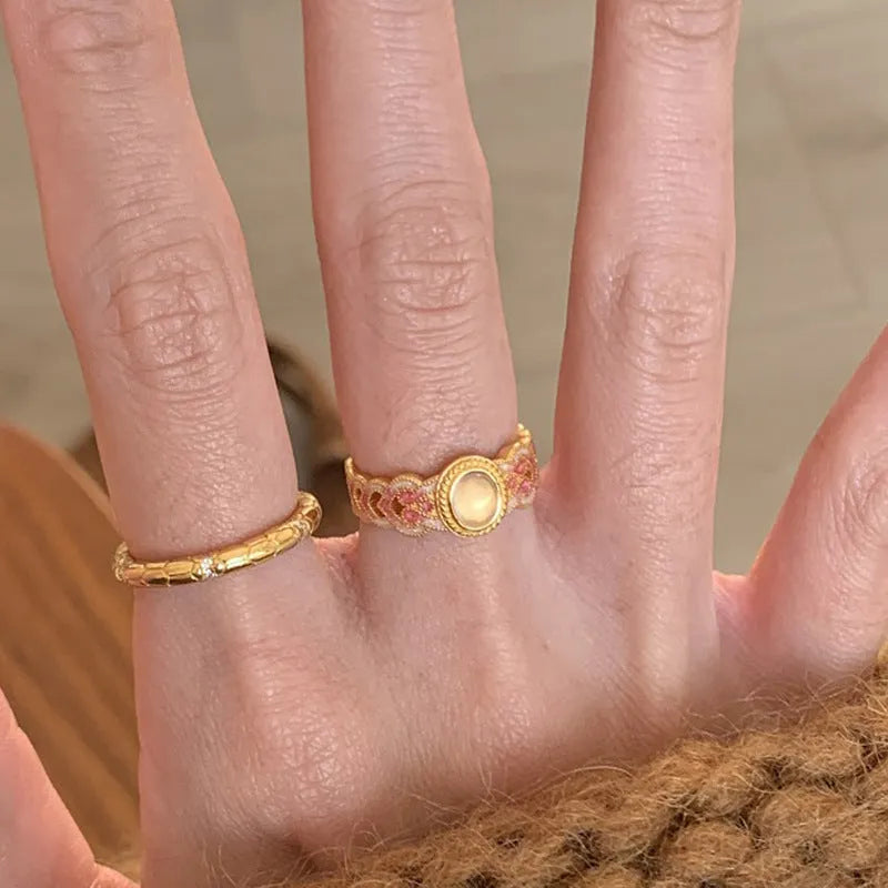 Pink crystal enamel geometric open ring for women on gold plated copper band