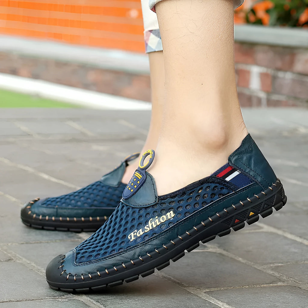 Men's brown casual mesh shoes with round toe and non-slip rubber sole on a white background.
