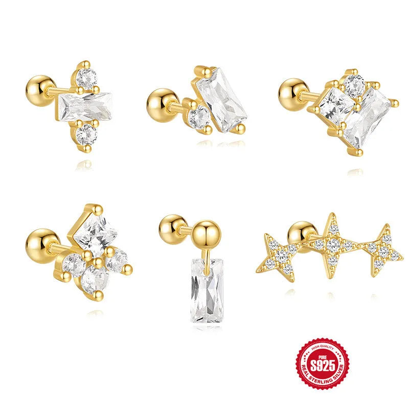 S925 sterling silver red flower stud earrings with square gravel texture in a gold tone.