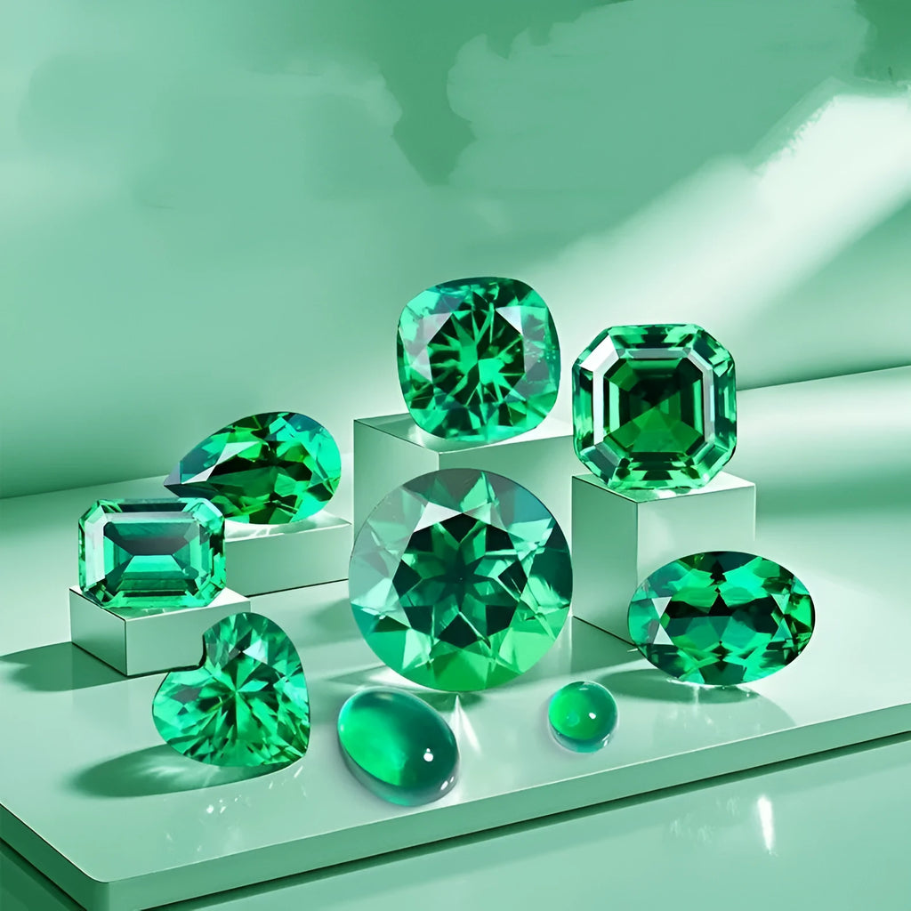 Cultivated emerald synthetic gemstone in Columbia green treasure colour showing round and grandmother cut options