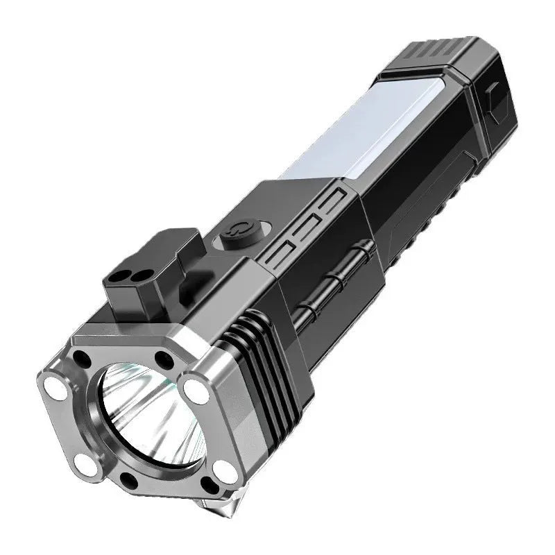 Silver portable LED power bank flashlight with plastic shell, shown as an emergency and camping light.