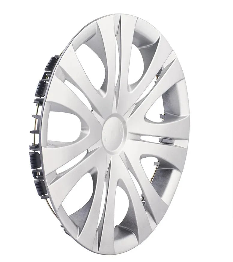 Universal silver ABS plastic wheel hub cover for car decoration in 13 to 16 inch sizes.