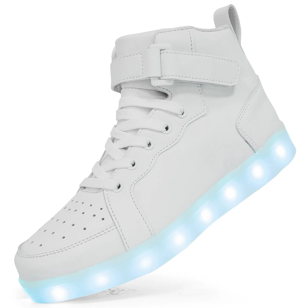 Light-up high-top board shoes with Velcro strap and rechargeable LED lights on display