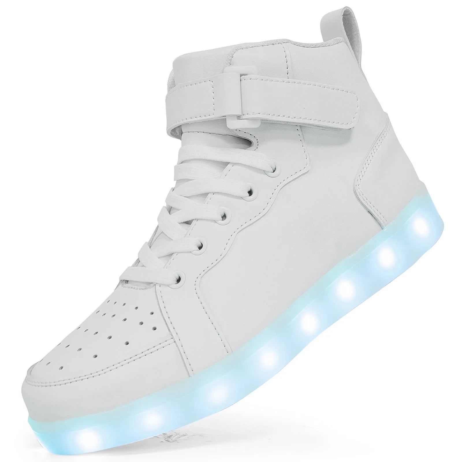 Light-up high-top board shoes with Velcro strap and rechargeable LED lights on display
