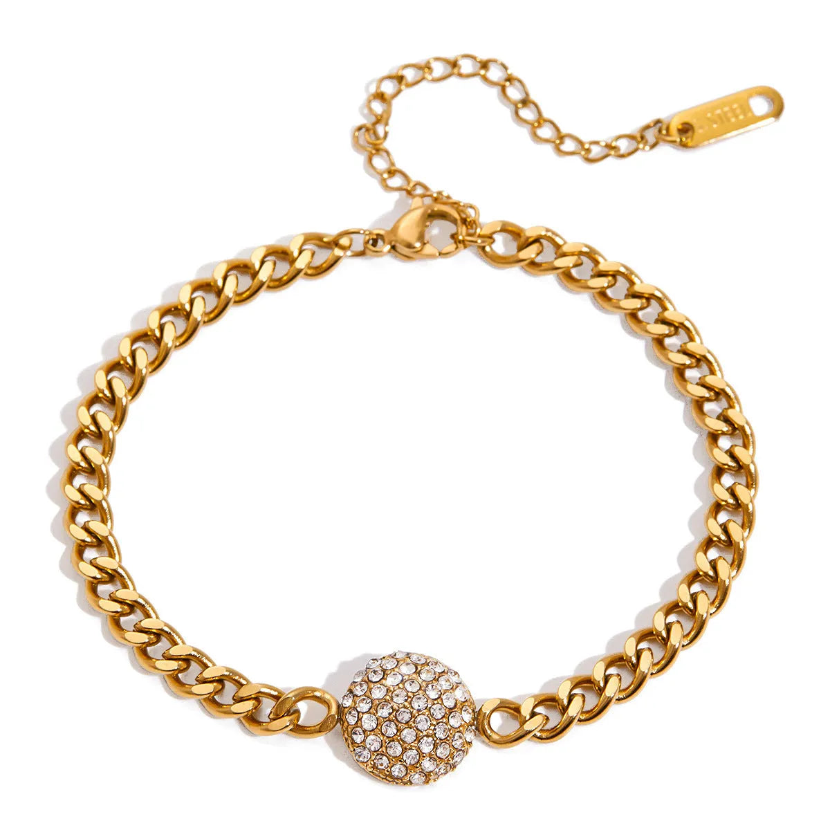 Women's stainless steel bracelet with electroplated finish, geometric round shape on a woman's wrist