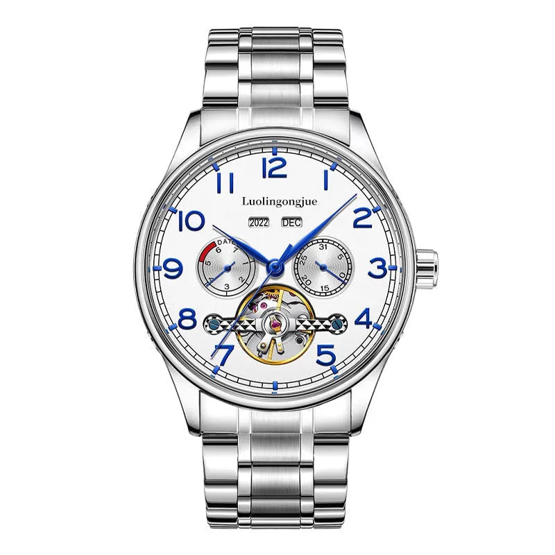 Men's stainless steel mechanical business watch with sapphire crystal and transparent case back
