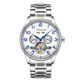 Men's stainless steel mechanical business watch with sapphire crystal and transparent case back