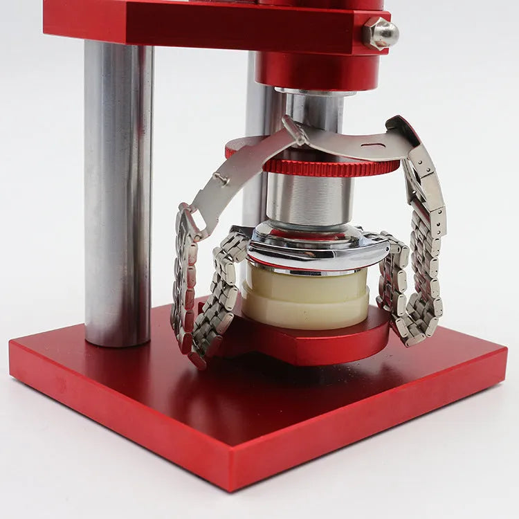 Watch repair spiral presser tool with a set of 20 plastic moulds for pressing on watch back covers.