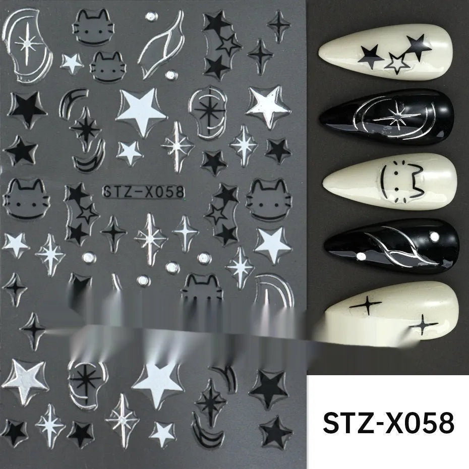 Set of 60 black and silver cartoon pattern nail strip stickers with plastic application patch.