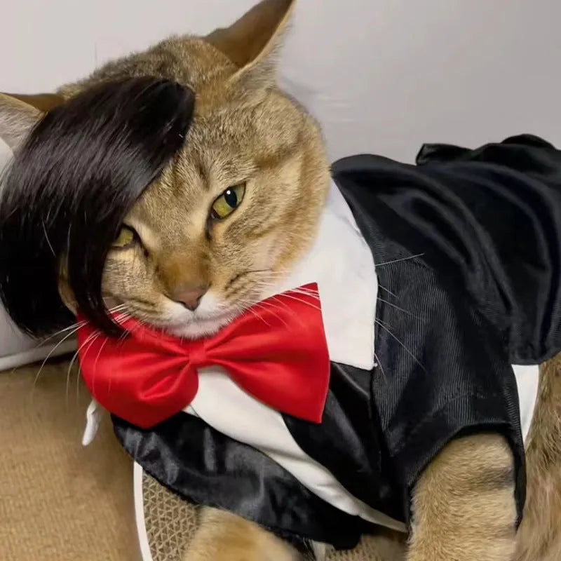 Black polyester fox braid wig stretched on a cat's head for dress-up.