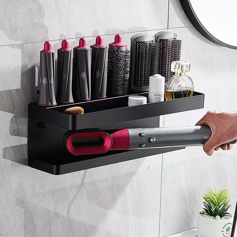 White punch-free double layer bathroom storage rack holding Marcel wavers and hair styling tools