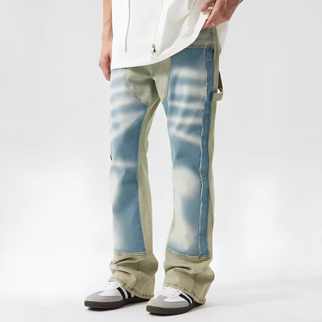 Yellow and blue retro patchwork splash-ink damaged design jeans with mid-waist fit and zip fly