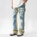 Yellow and blue retro patchwork splash-ink damaged design jeans with mid-waist fit and zip fly