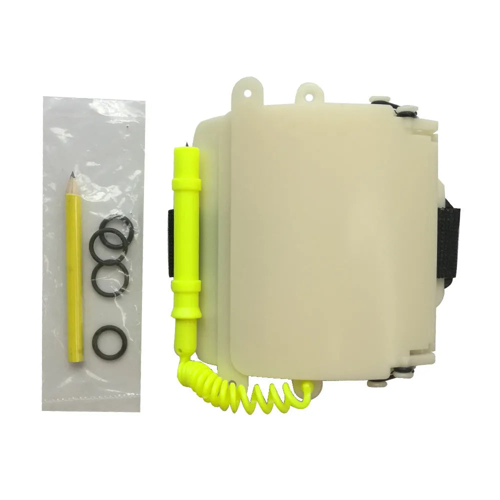 White luminous underwater writing wristboard for diving with pencil and spare O-ring