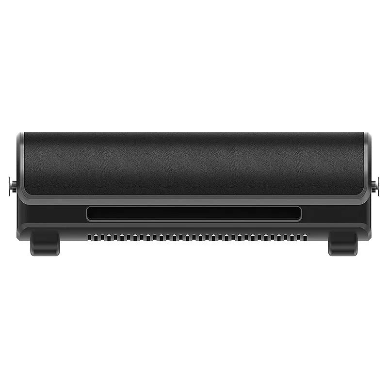 Compact black bladeless car fan showing rear ventilation grille and USB power port.