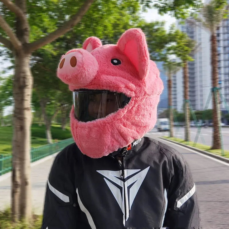Pink pig cartoon plush protective hood for motorcycle helmets made from PV velvet cloth