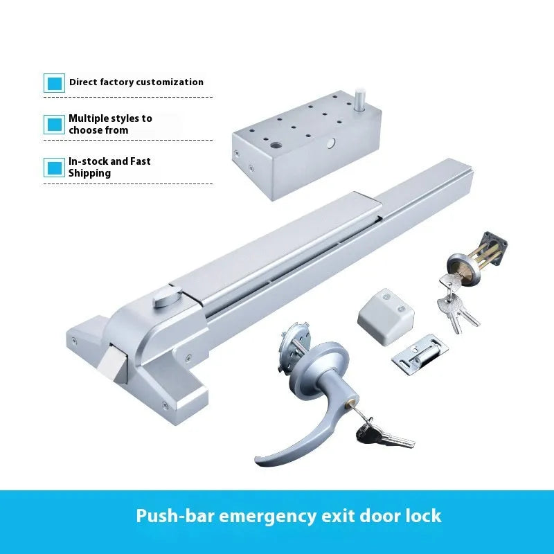 Stainless steel fireproof door push lock with external handle on a baked paint door.