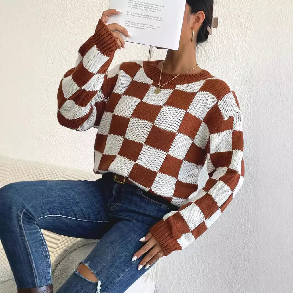 Dark brown plaid pattern acrylic pullover sweater with long sleeves and round neck