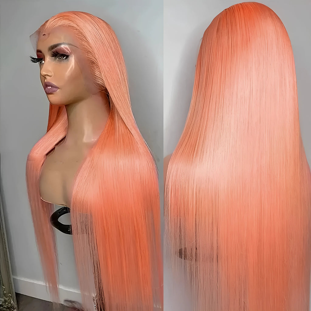 Light orange long straight synthetic wig with front lace cap, shown on a model.