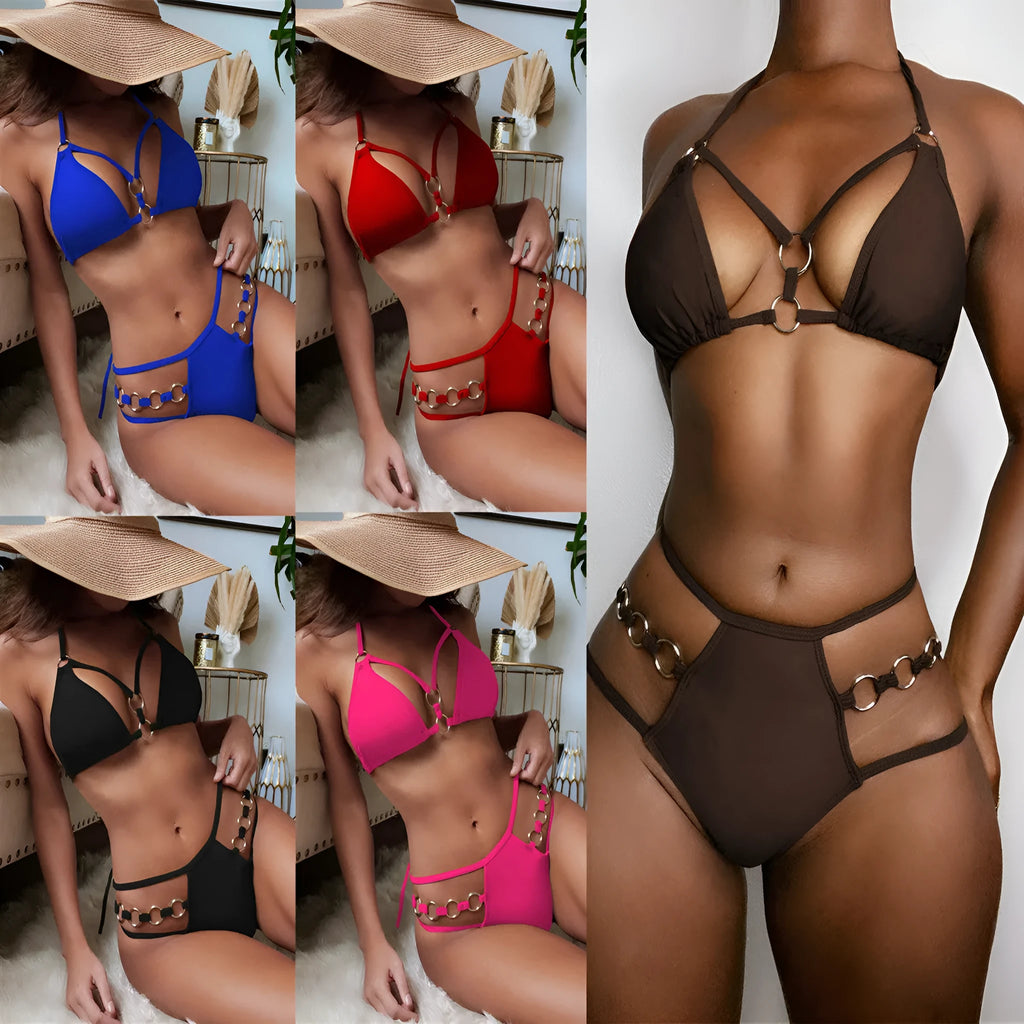 Women's pure colour nylon bikini set with shorts in red, black, brown, Rose Red, or sapphire blue.
