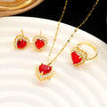 Women's hearts flower jewellery set in gold red with necklace, stud earrings, and ring made from titanium steel