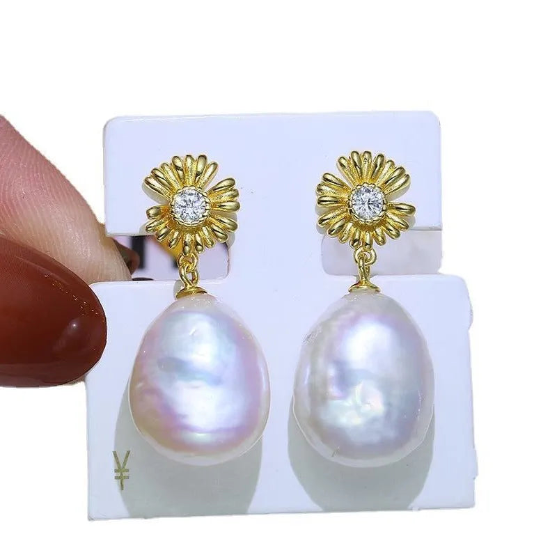 Baroque S925 sterling silver flower earrings with ring holder function in gold or silver finish