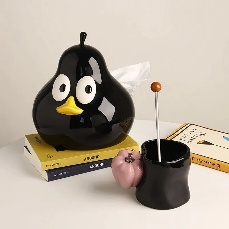 White ceramic pear-shaped tissue box holder with cute animal design in green colour option